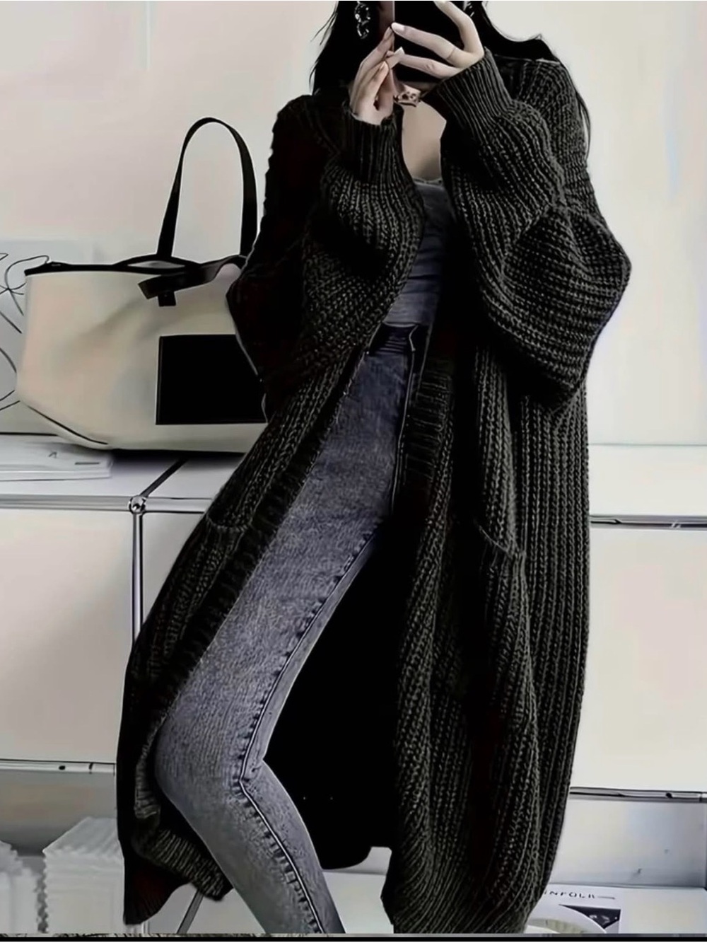 Oversized Black Chunky Knit Cardigan Sweater